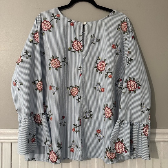 Alexander Jordan Women’s Blouse Long Ruffle Bell Sleeve Pinstripe Floral Size 1X - Picture 3 of 7
